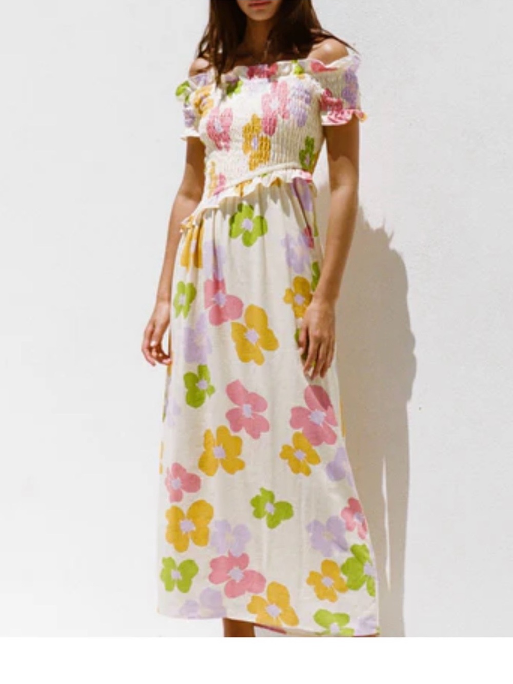 Sabo skirt Yellow Floral Off-Shoulder Smoked upper Maxi Dress Size AUS L, US 6